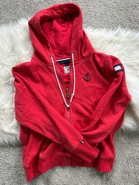 Jones New York Red Hooded Zip Sweatshirt with Anchor Patch